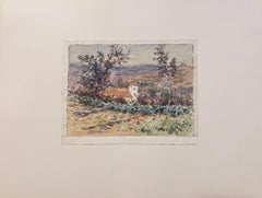 Pintura Impresionista Francesa Antigua Paisaje Chateau Granja en los Campos