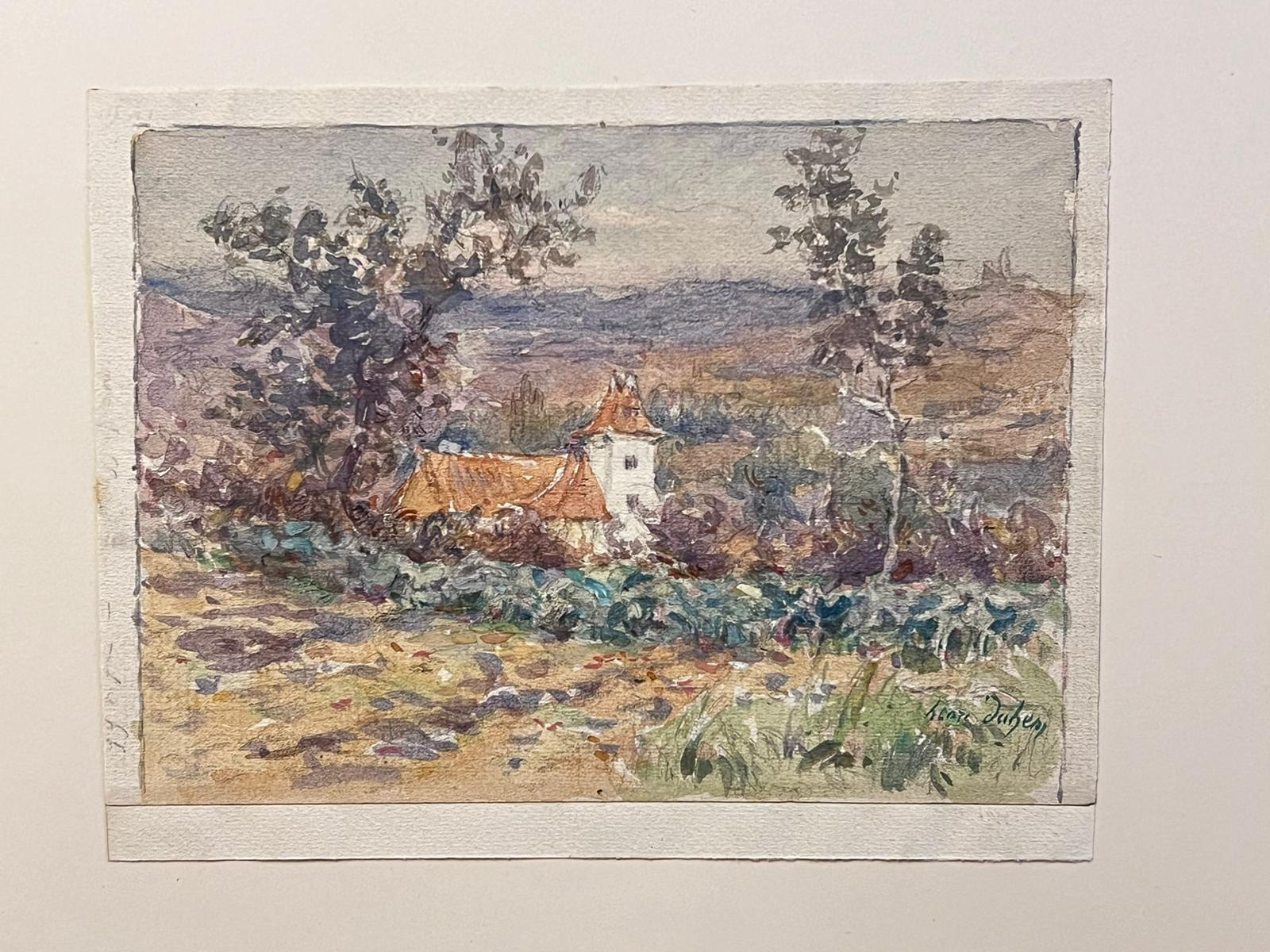The artist: 
Henri Aime Duhem (1860-1941) French *see notes below, signed 

Title: The French Landscape

Medium:  
gouache on paper, loosely laid over card, unframed

card: 9.75 x 12.75 inches
painting: 5 x 6.5 inches

Provenance: 
private