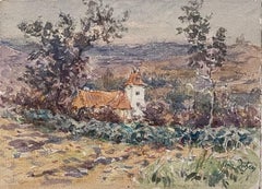 Fine Antique French Impressionist Painting Landscape Chateau Farmhouse in Fields