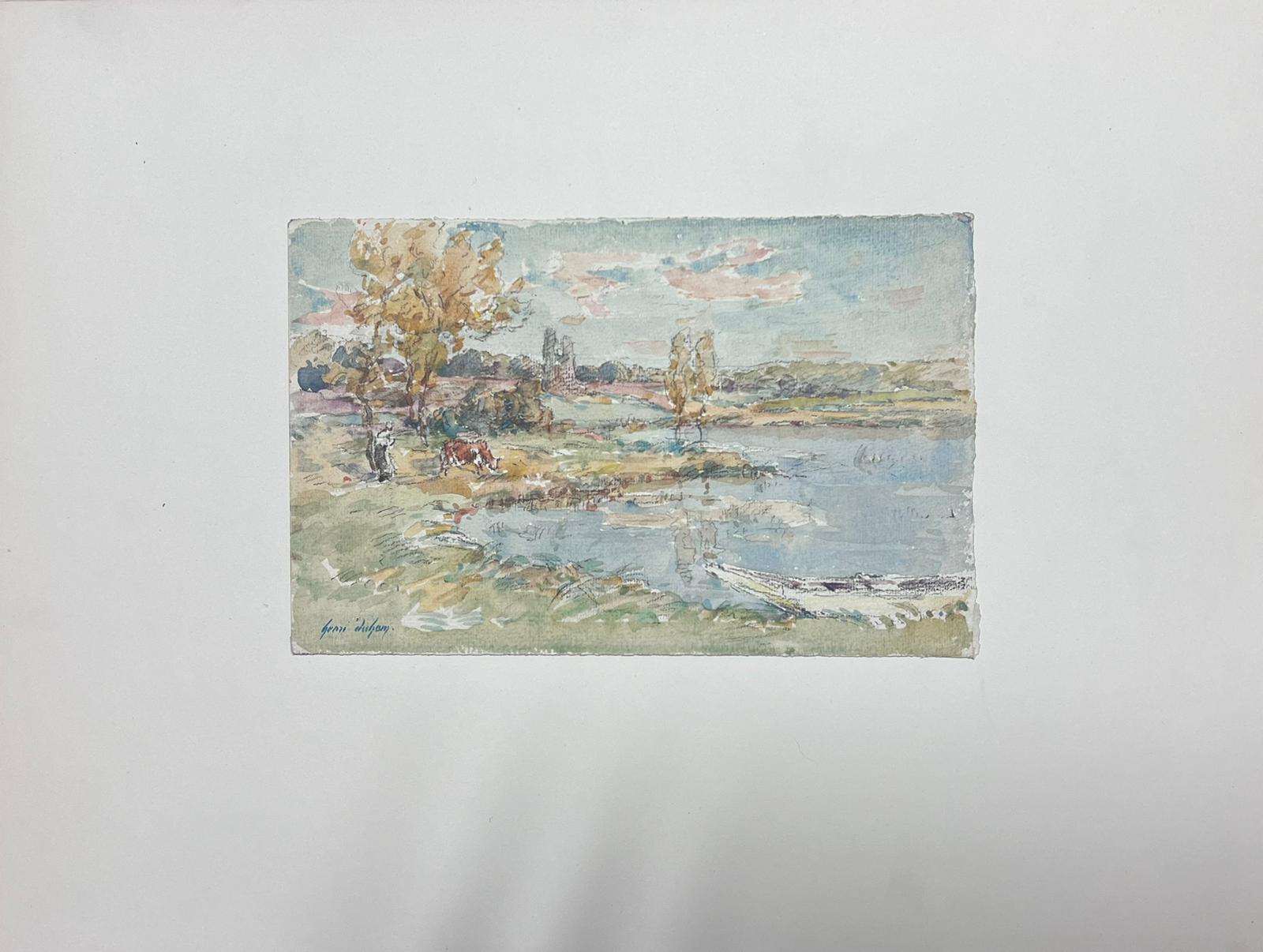 Fine Antique French Impressionist Painting Landscape with River Cow & Figure - Art by Henri Aime Duhem