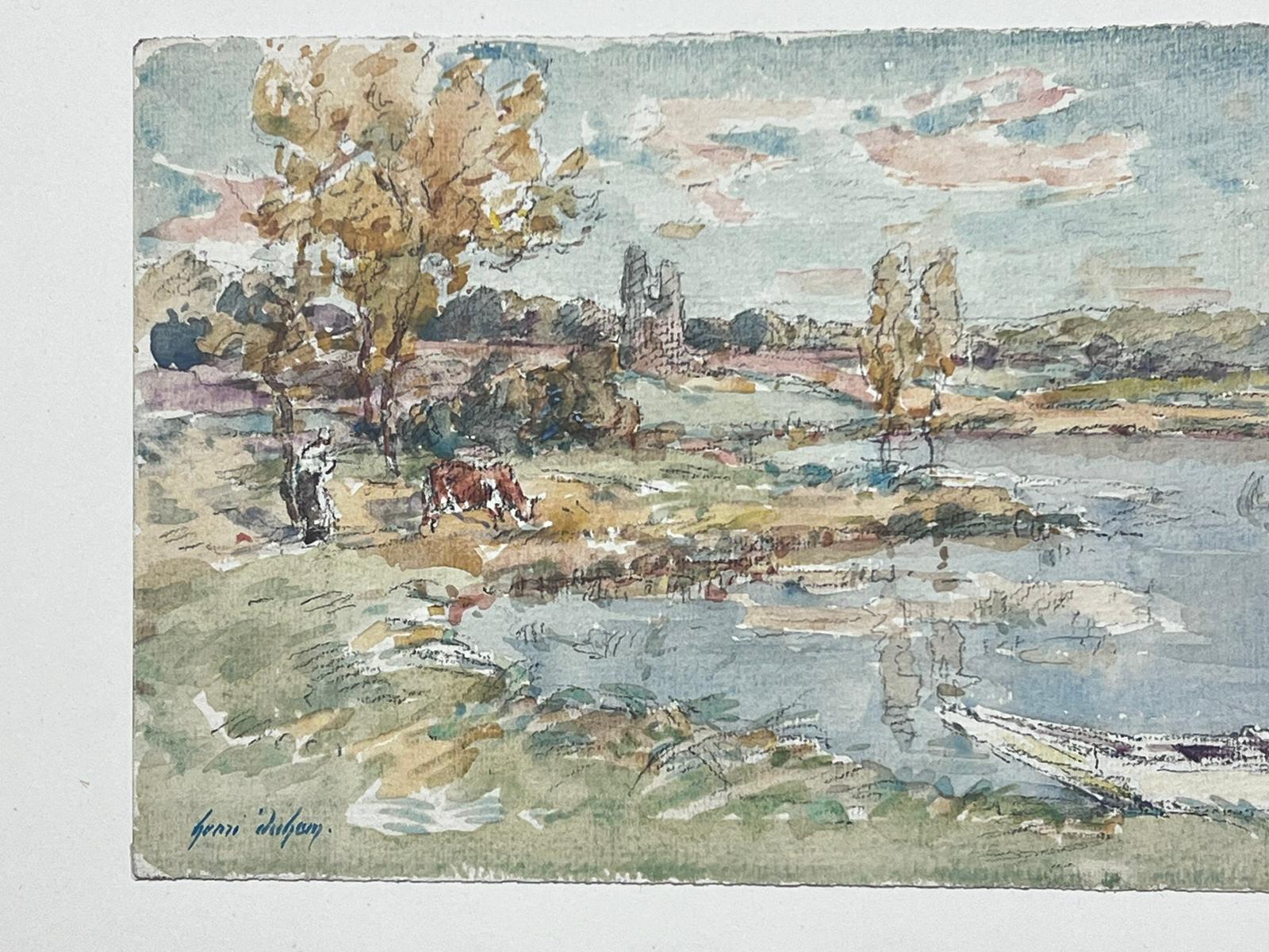 The artist: 
Henri Aime Duhem (1860-1941) French *see notes below, signed 

Title: The River Landscape

Medium:  
signed gouache on paper, loosely laid over card, unframed

card: 9.75 x 13 inches
painting: 4.5 x 7 inches

Provenance: 
private