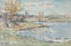 Feine antike Französisch Impressionist Gemälde Landschaft mit Fluss Kuh & Figur