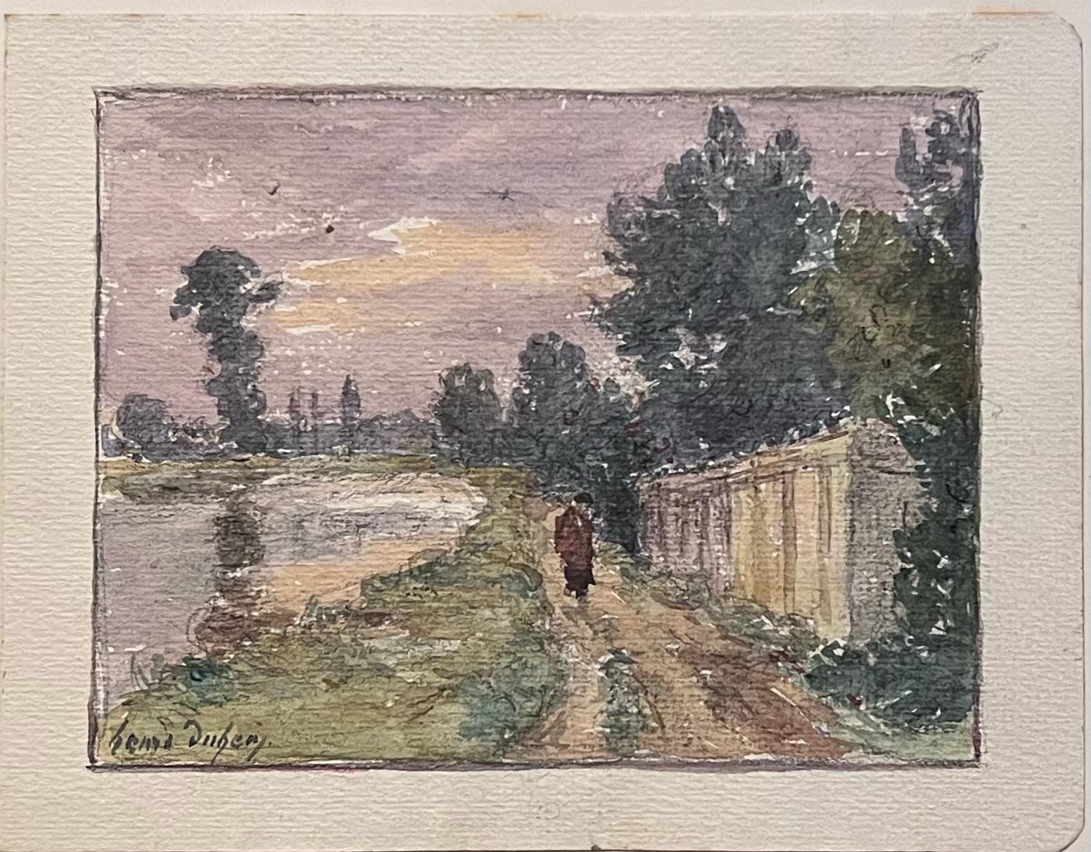 Fine Antique French Impressionist Painting Lone Figure Walking by the River - Brown Landscape Art by Henri Aime Duhem