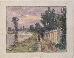 Belle peinture impressionniste française ancienne Figure solitaire marchant au bord de la rivière