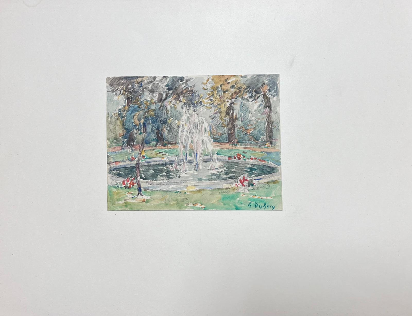 Fine Antique French Impressionist Painting Park Pond with Fountain - Gray Landscape Painting by Henri Aime Duhem