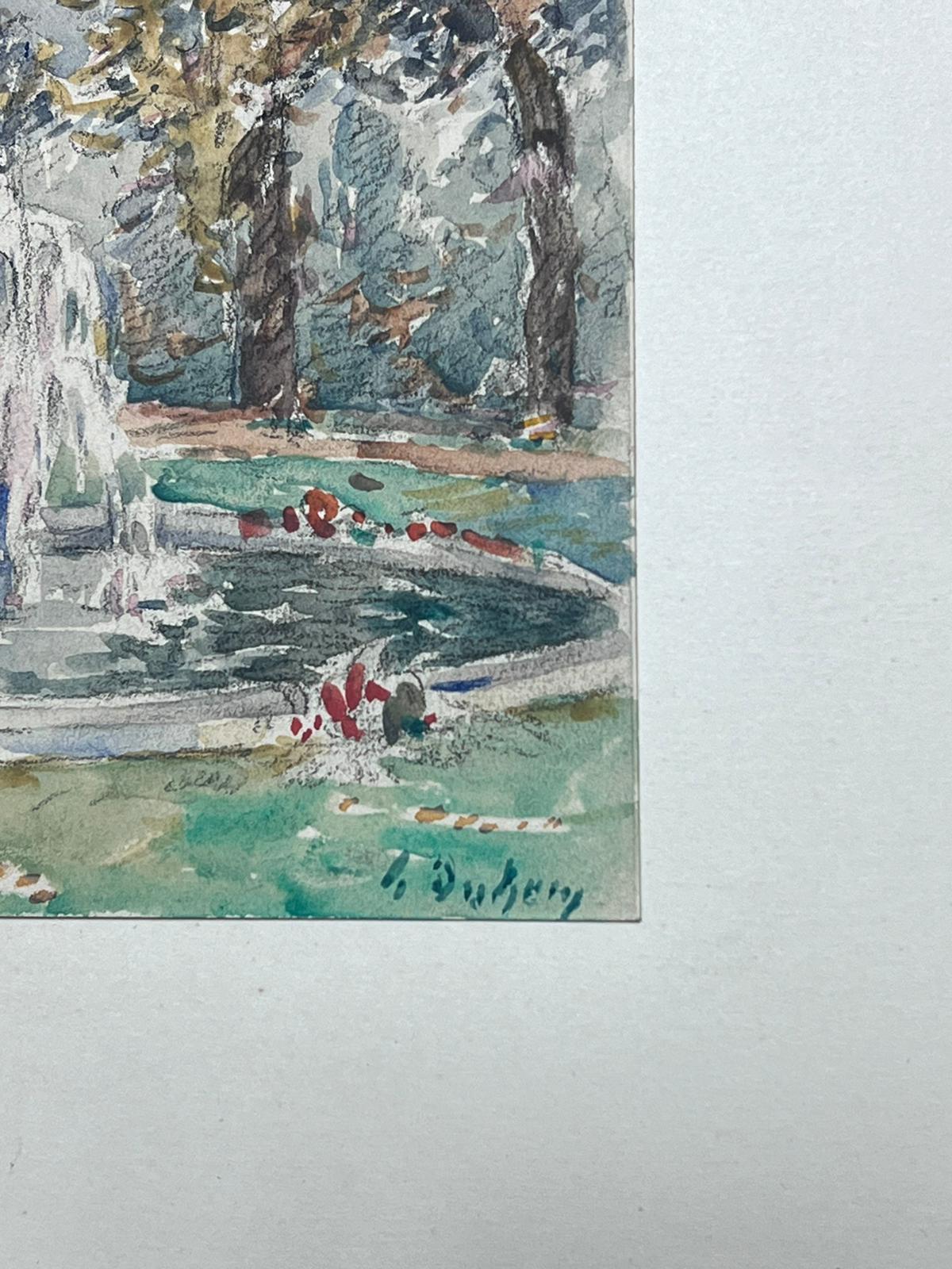 The artist: 
Henri Aime Duhem (1860-1941) French *see notes below, signed 

Title: The Park Fountain

Medium:  
signed gouache on paper, loosely laid over card, unframed

card: 10 x 13 inches
painting: 4.25 x 9.5 inches

Provenance: 
private