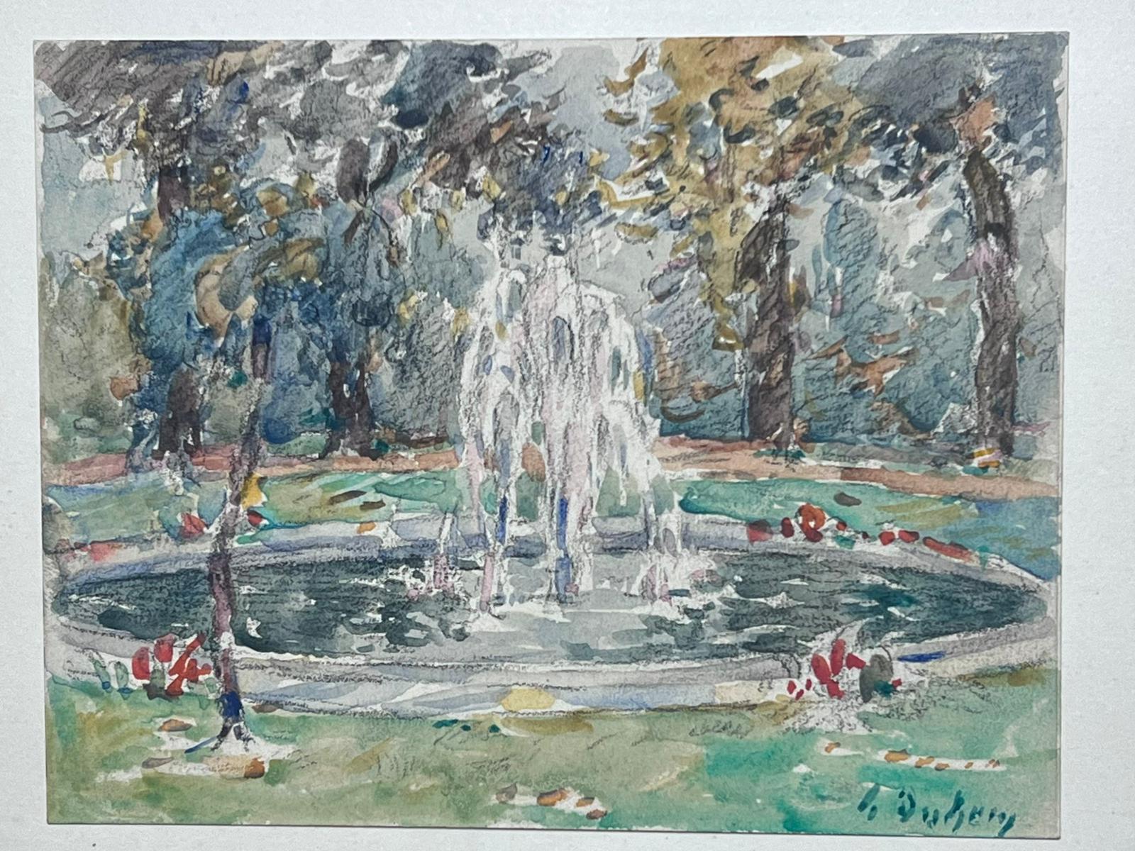 Fine Antique Französisch Impressionist Gemälde Park Teich mit Brunnen (Grau), Landscape Painting, von Henri Aime Duhem