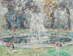 Belle peinture impressionniste française ancienne Étang de parc avec fontaine