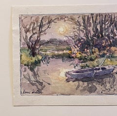 Antikes französisches impressionistisches Gemälde mit Flussboot und Dame im Garten, antik