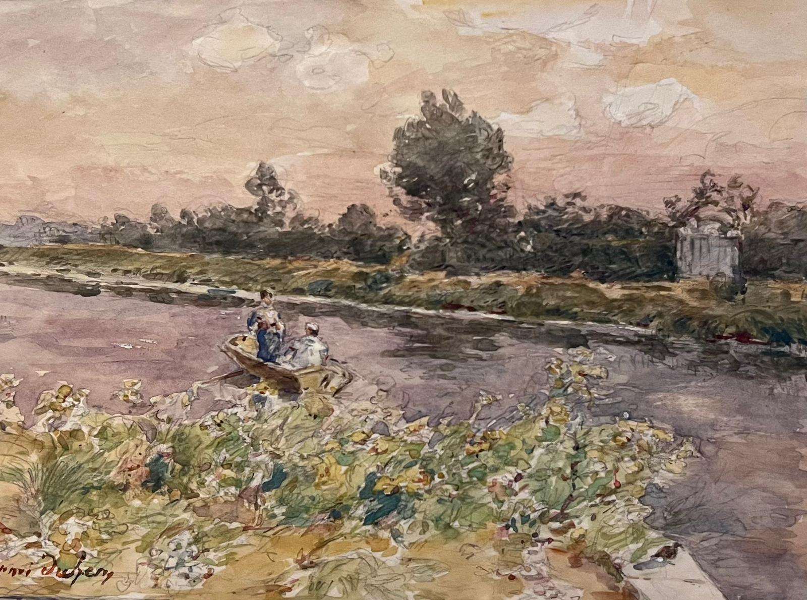 Belle peinture impressionniste française ancienne représentant un bateau à rames et des personnages