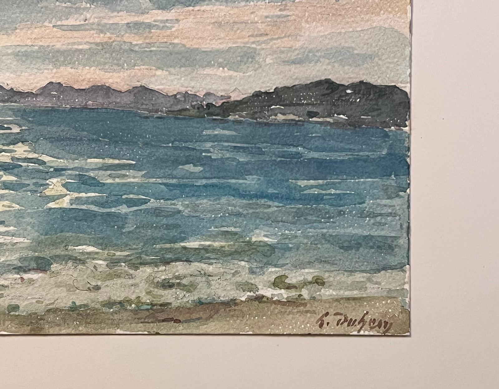 The artist: 
Henri Aime Duhem (1860-1941) French *see notes below, signed 

Title: The Blue Sea

Medium:  
gouache on paper, loosely laid over card, unframed

card: 9.75 x 12.75 inches
painting: 5 x 7 inches, 

Provenance: 
private collection of