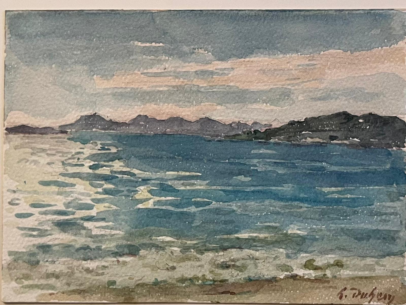 Henri Aime Duhem Landscape Art - Fine Antique French Impressionist Painting Seaside Mountains Blue Sea