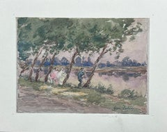 Fine Antique French Impressionist Painting Signed Canal with Fisherman at Dusk