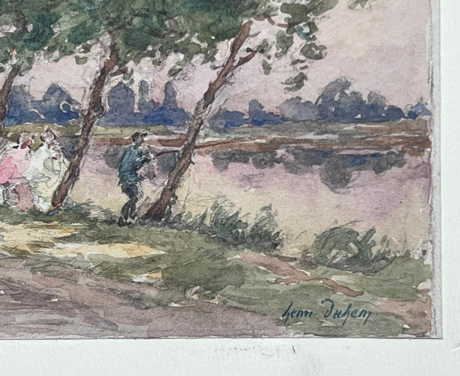 Fine Antique French Impressionist Painting Signed Canal with Fisherman at Dusk For Sale 1