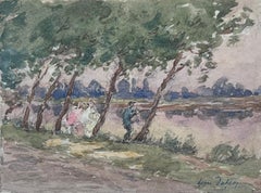 Feine antike Französisch Impressionist Gemälde signiert Kanal mit Fischer in der Abenddämmerung