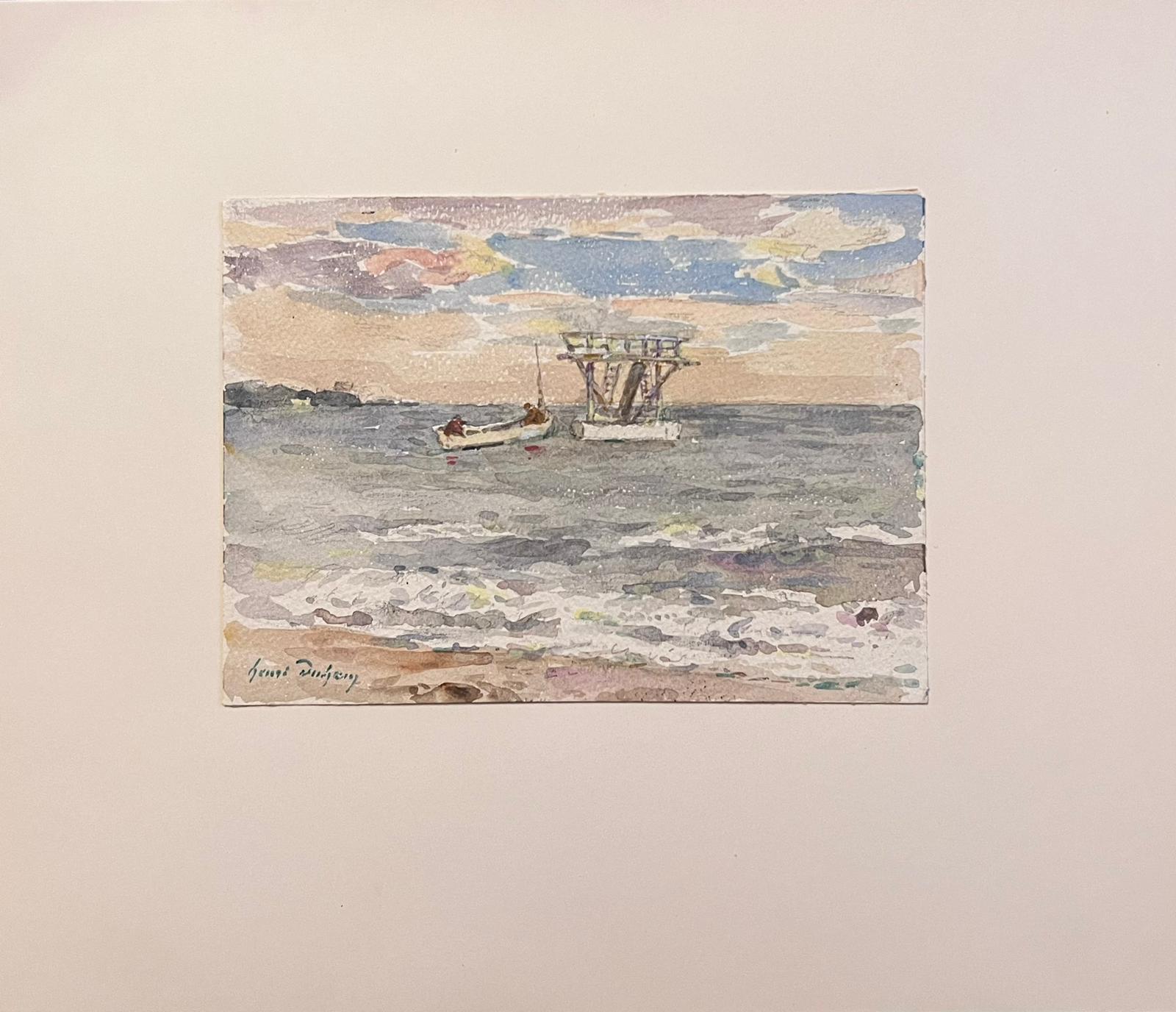 Fino Cuadro Impresionista Antique French La Escafandra Pontón en el Mar - Art de Henri Aime Duhem