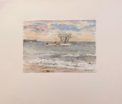 Fine Antique French Impressionist Painting The Diving Board Pontoon at Sea