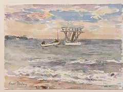 Fine Used French Impressionist Painting The Diving Board Pontoon at Sea