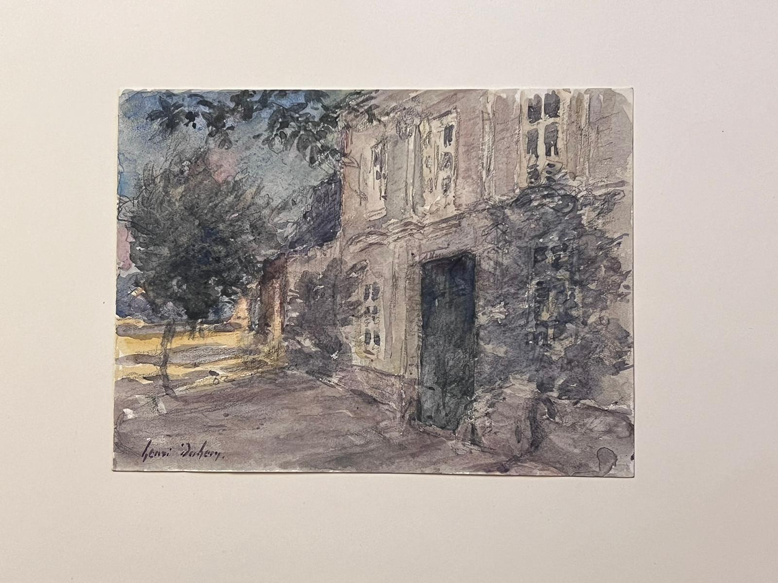 Feines antikes französisches impressionistisches Gemälde The Old Chateau Building in der Abenddämmerung (Grau), Landscape Art, von Henri Aime Duhem