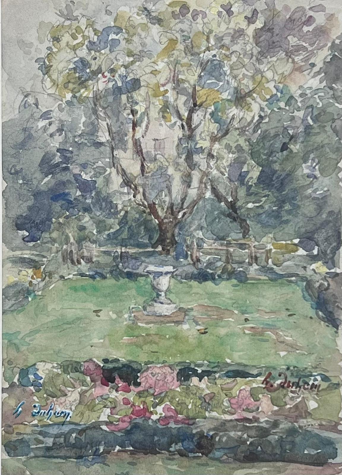 Belle peinture impressionniste française ancienne vue d'un parc avec urne en pierre