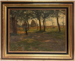 Fine Antique French Impressionist Signed Oil Haystacks at Sunset with Figure