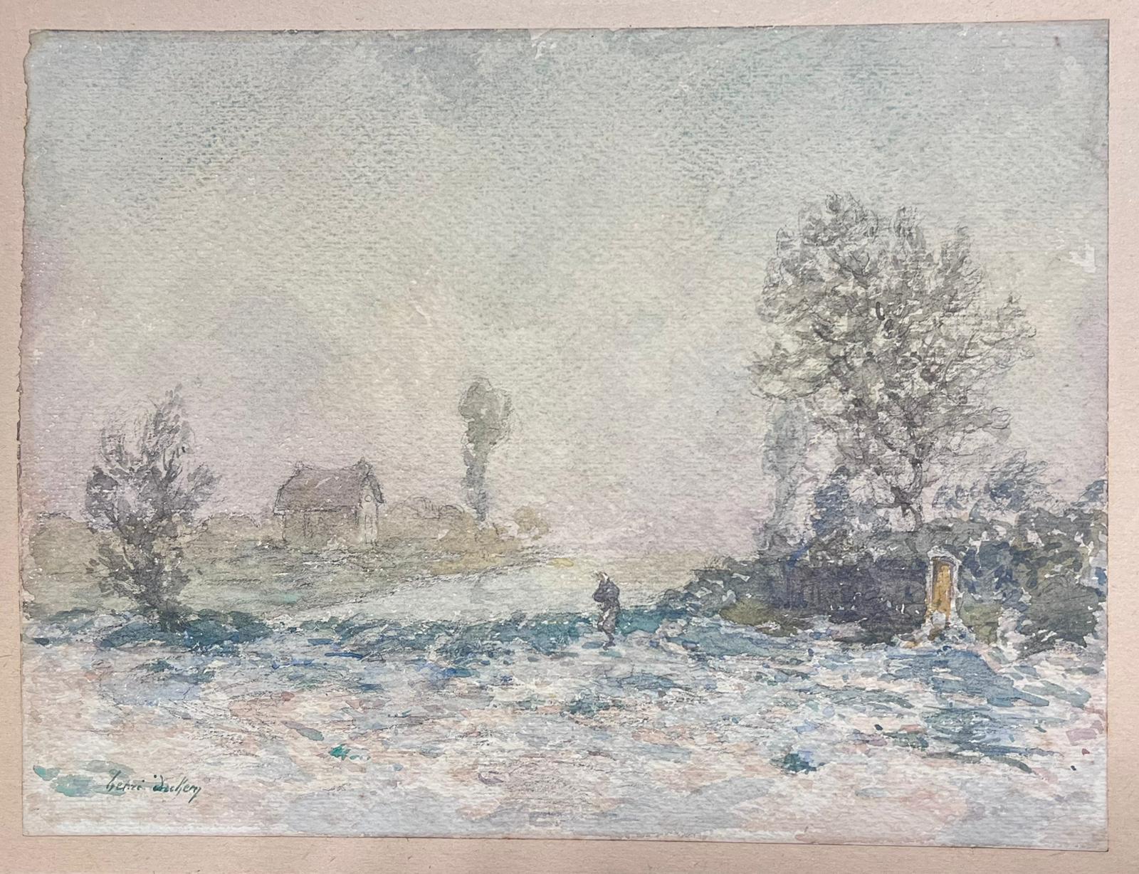 Fine Antique French Impressionist Winter Country Landscape House in Distance - Painting by Henri Aime Duhem