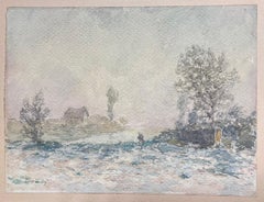 Fine Antique French Impressionist Winter Country Landscape House in Distance
