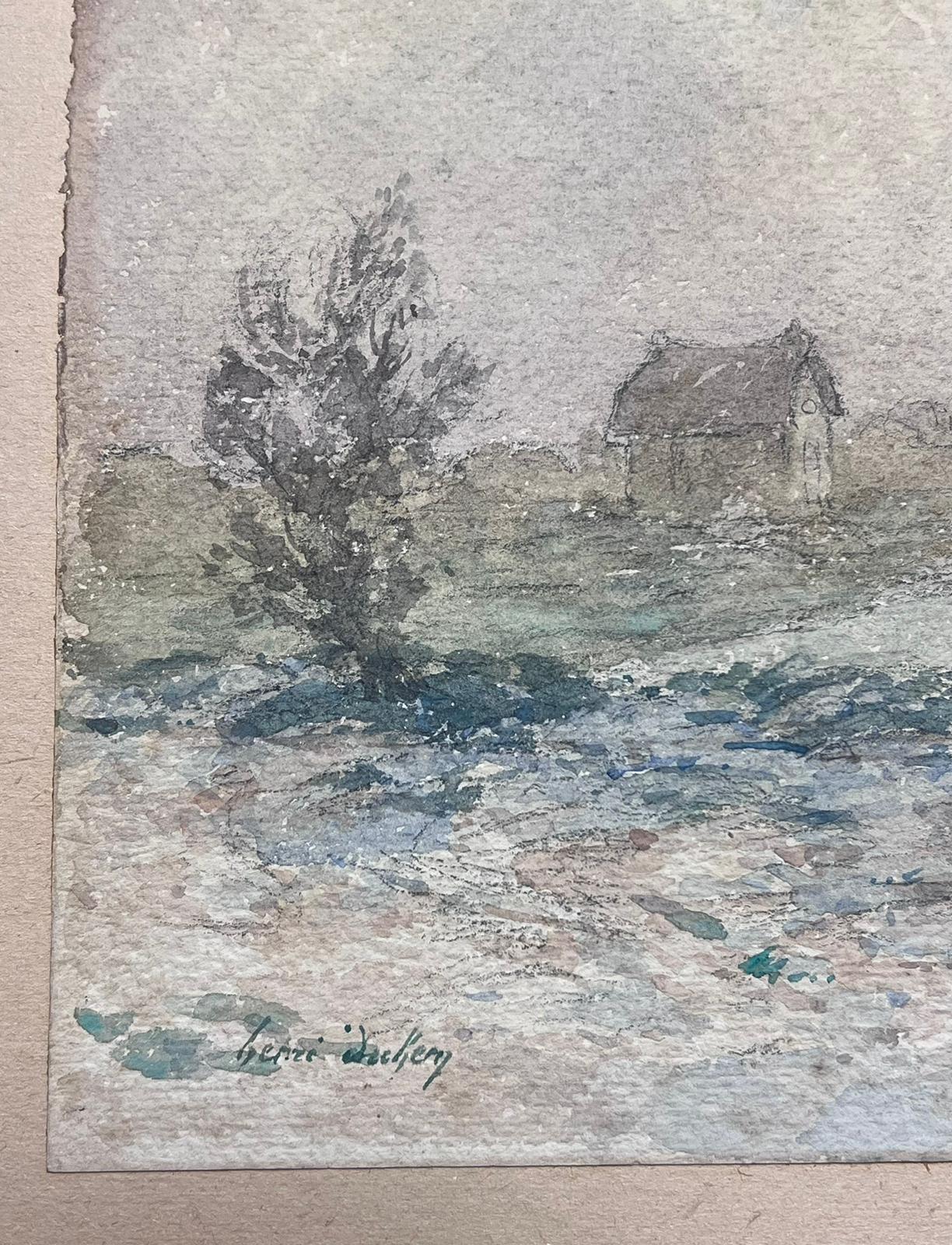 The artist: 
Henri Aime Duhem (1860-1941) French *see notes below, signed 

Title: Winter

Medium:  
signed gouache on paper, loosely laid over card, unframed

card: 10 x 13 inches
painting: 9.25 x 12 inches

Provenance: 
private collection of this