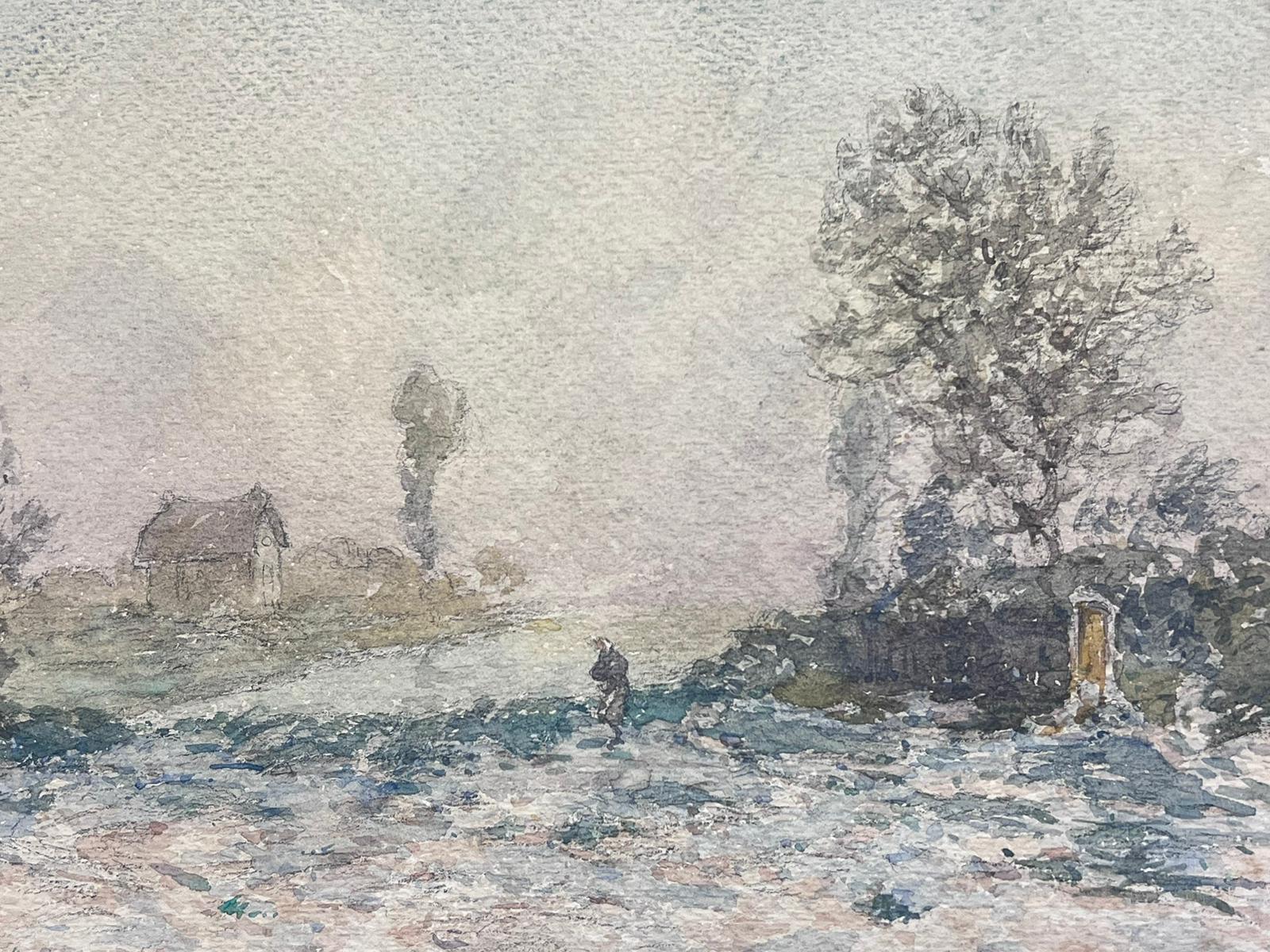 The artist: 
Henri Aime Duhem (1860-1941) French *see notes below, signed 

Title: Winter

Medium:  
signed gouache on paper, loosely laid over card, unframed

card: 10 x 13 inches
painting: 9.25 x 12 inches

Provenance: 
private collection of this
