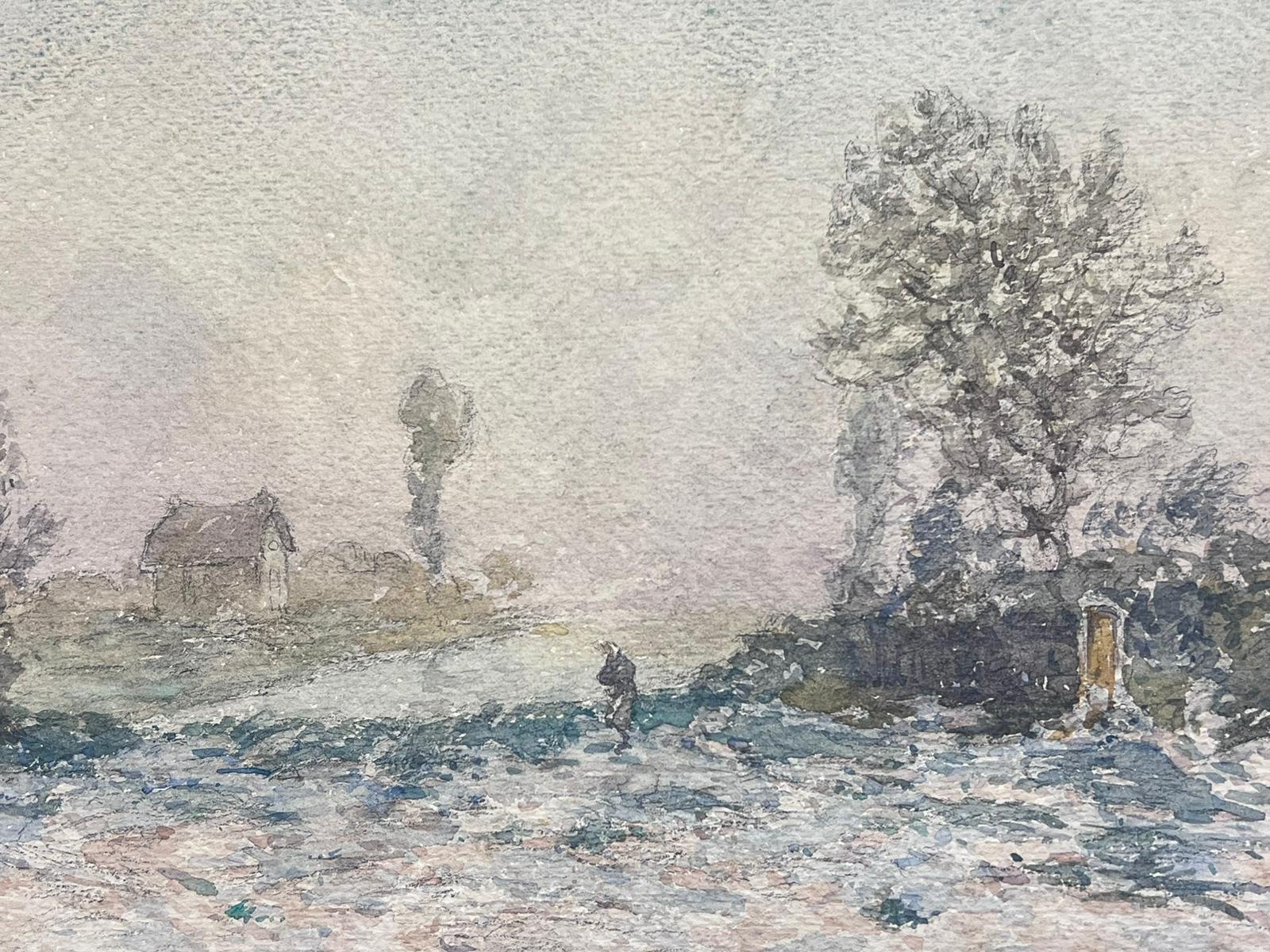 Fine Antique French Impressionist Winter Country Landscape House in Distance For Sale 2