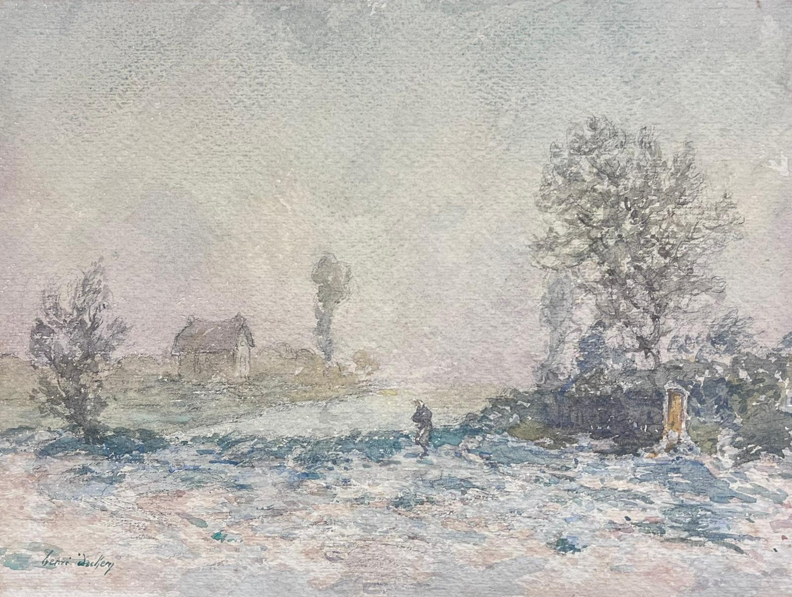 Henri Aime Duhem Landscape Painting - Fine Antique French Impressionist Winter Country Landscape House in Distance