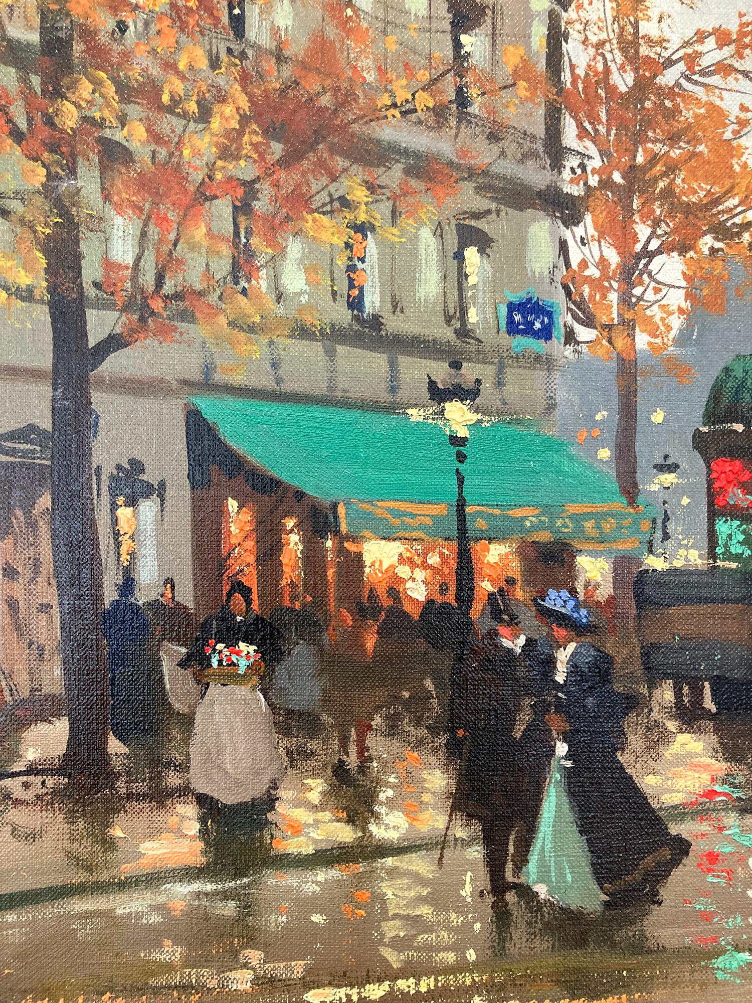 A stunning oil on canvas painting by the French artist, Henri Alexis Schaeffer. This painting is a wonderful example of his work from the prime of his career. Here you see figures walking along the street and sidewalk with horse and carriages by a