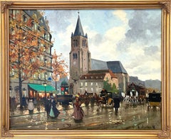 "Scène de rue parisienne" Huile sur toile post-impressionniste d'une église et de personnages