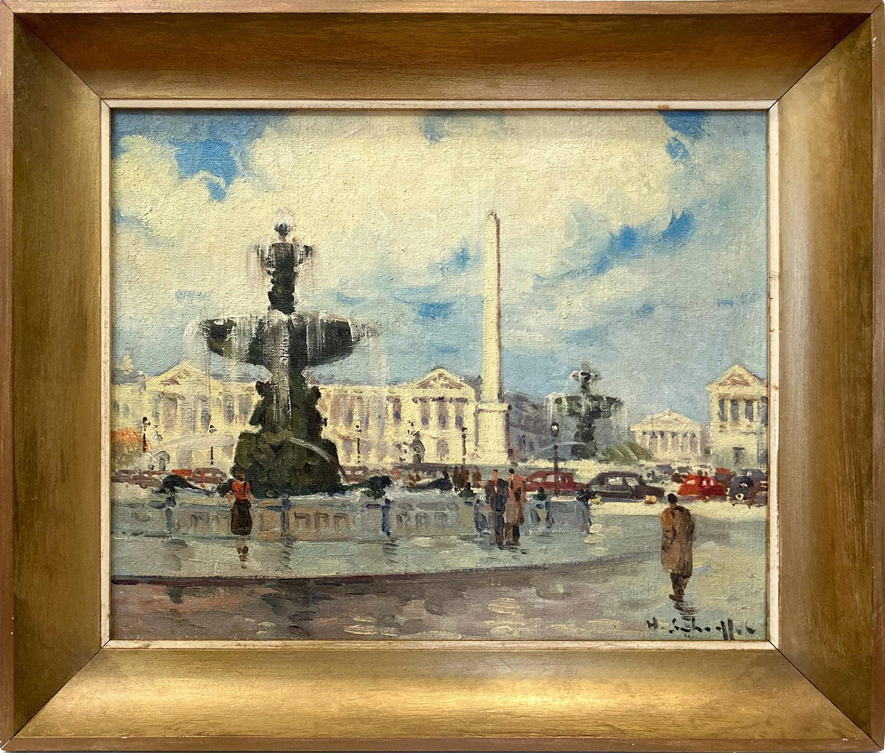 Landscape Painting di Henri Alexis Schaeffer - "Place de la Concorde" Scena di strada parigina post-impressionista Olio su tela