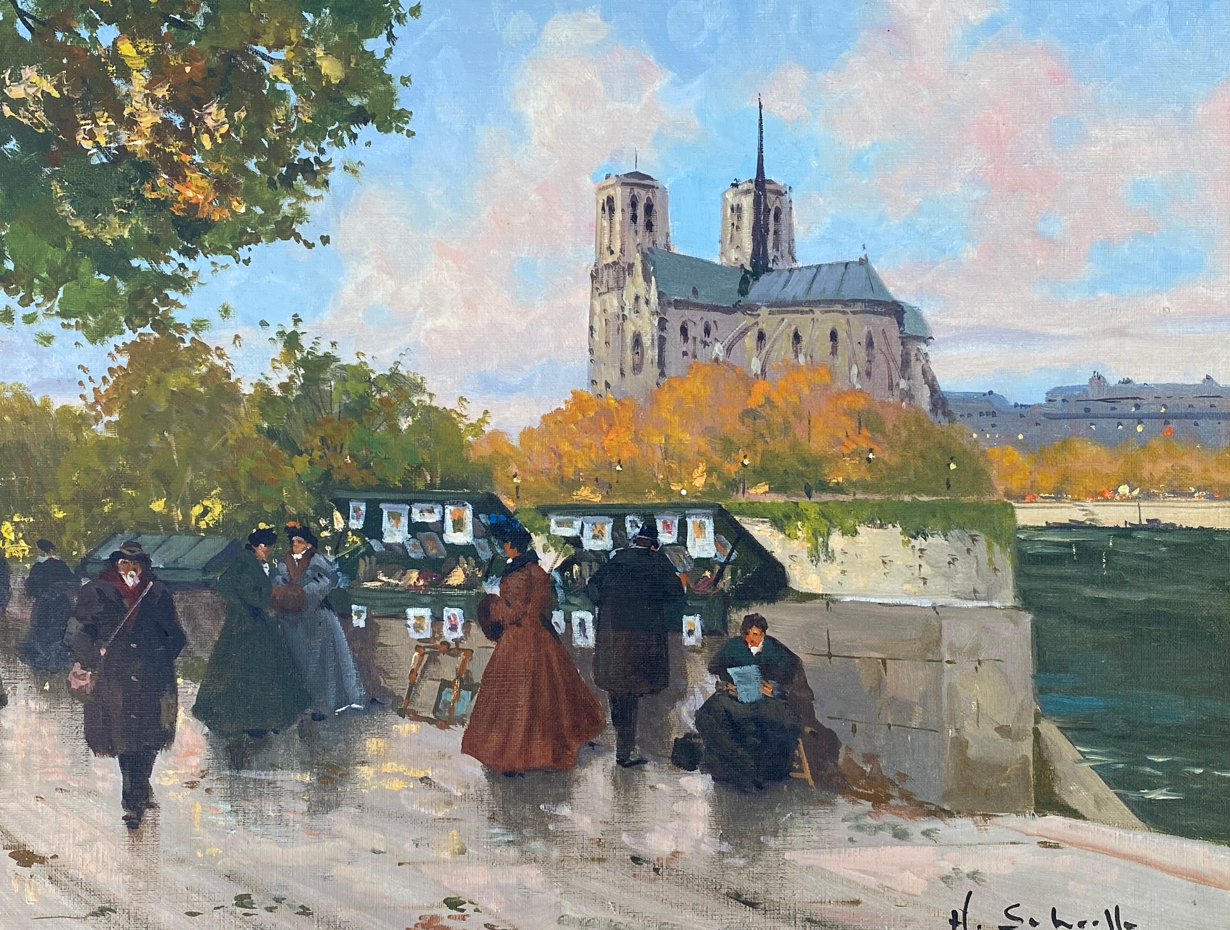 Magnifique peinture originale à l'huile sur toile de l'artiste français Henri Schaeffer représentant les étals de l'artiste le long de la Seine avec Notre Dame majestueusement en arrière-plan.  Signé en bas à droite. L'état est excellent. Circa
