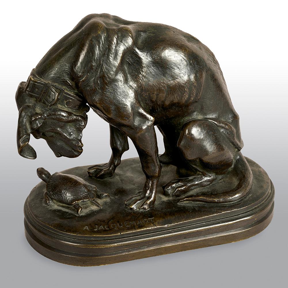 A good quality bronze sculpture of a bloodhound closely watching a tortoise by Henri Alfred Jacquemart. This delightful study captures the curiosity of the hound as he sits patiently studying the creature. The bronze is in excellent condition and is