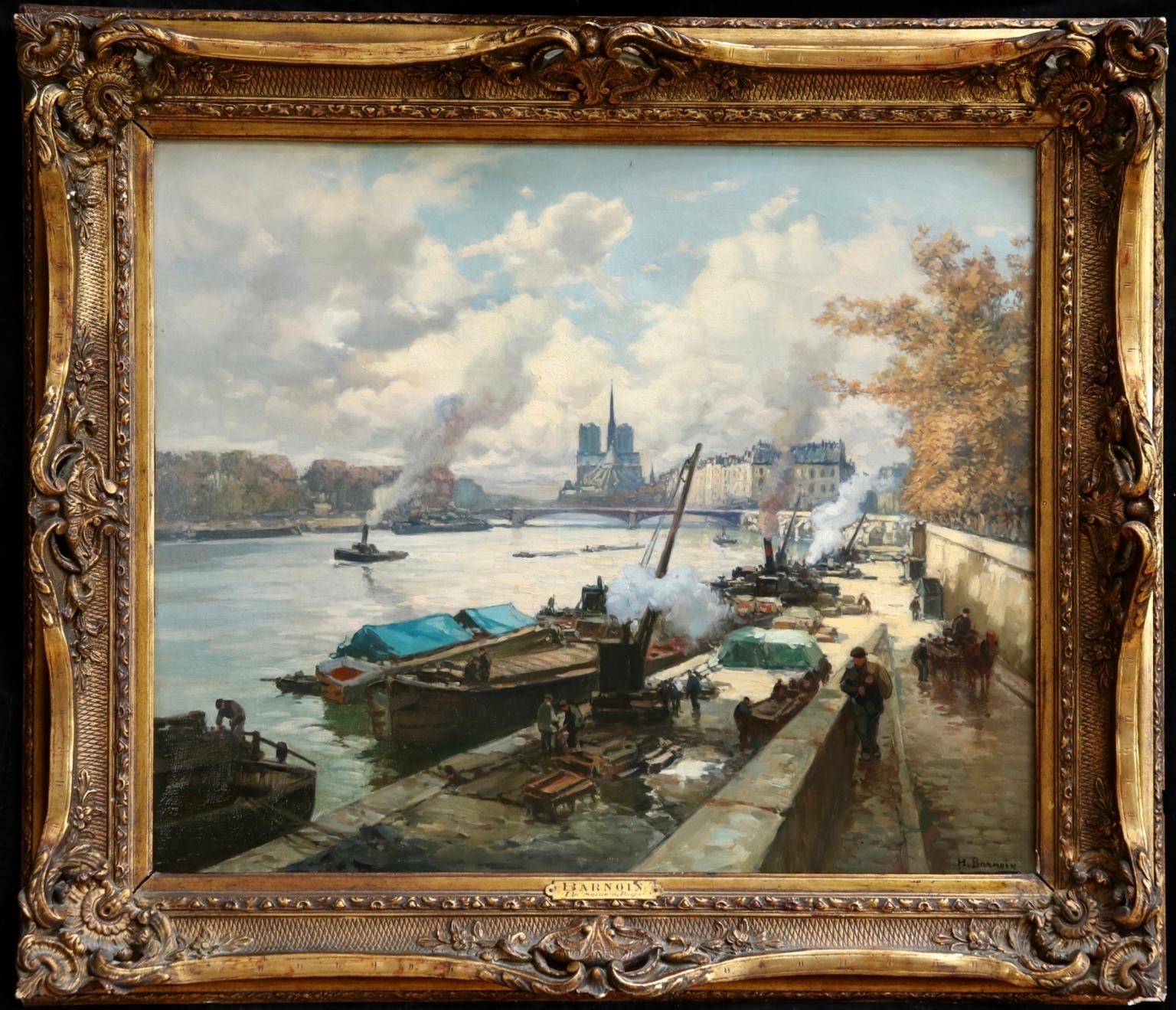 River Seine, Paris - Post Impressionist Oil, Boats in Landscape by Henri Barnoin - Painting by Henri Alphonse Barnoin