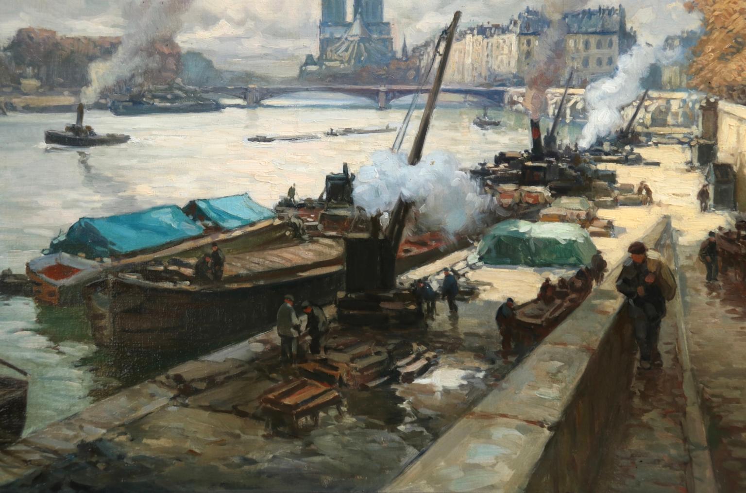 River Seine, Paris - Post Impressionist Oil, Boats in Landscape by Henri Barnoin - Post-Impressionist Painting by Henri Alphonse Barnoin