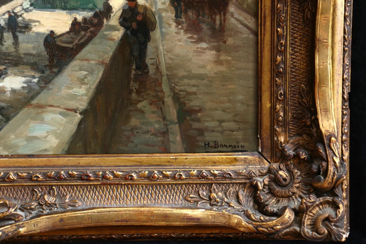 A wonderful oil on canvas circa 1915 by French post impressionist painter Henri Alphonse Barnoin. The piece depicts workers on the banks of the River Seine in Paris, France on an autumn day.  Smoke billows from the steam boats and thick white clouds