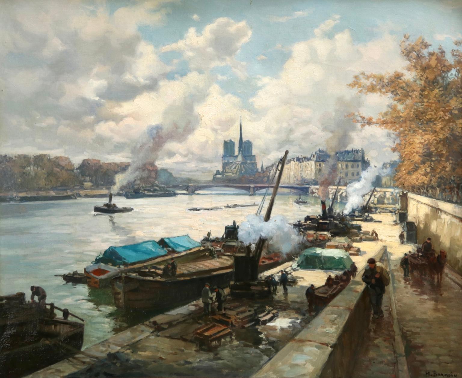 River Seine, Paris - Post Impressionist Oil, Boats in Landscape by Henri Barnoin
