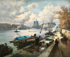 La Seine a Paris - Post Impressionist Oil, Boats in Riverscape by Henri Barnoin