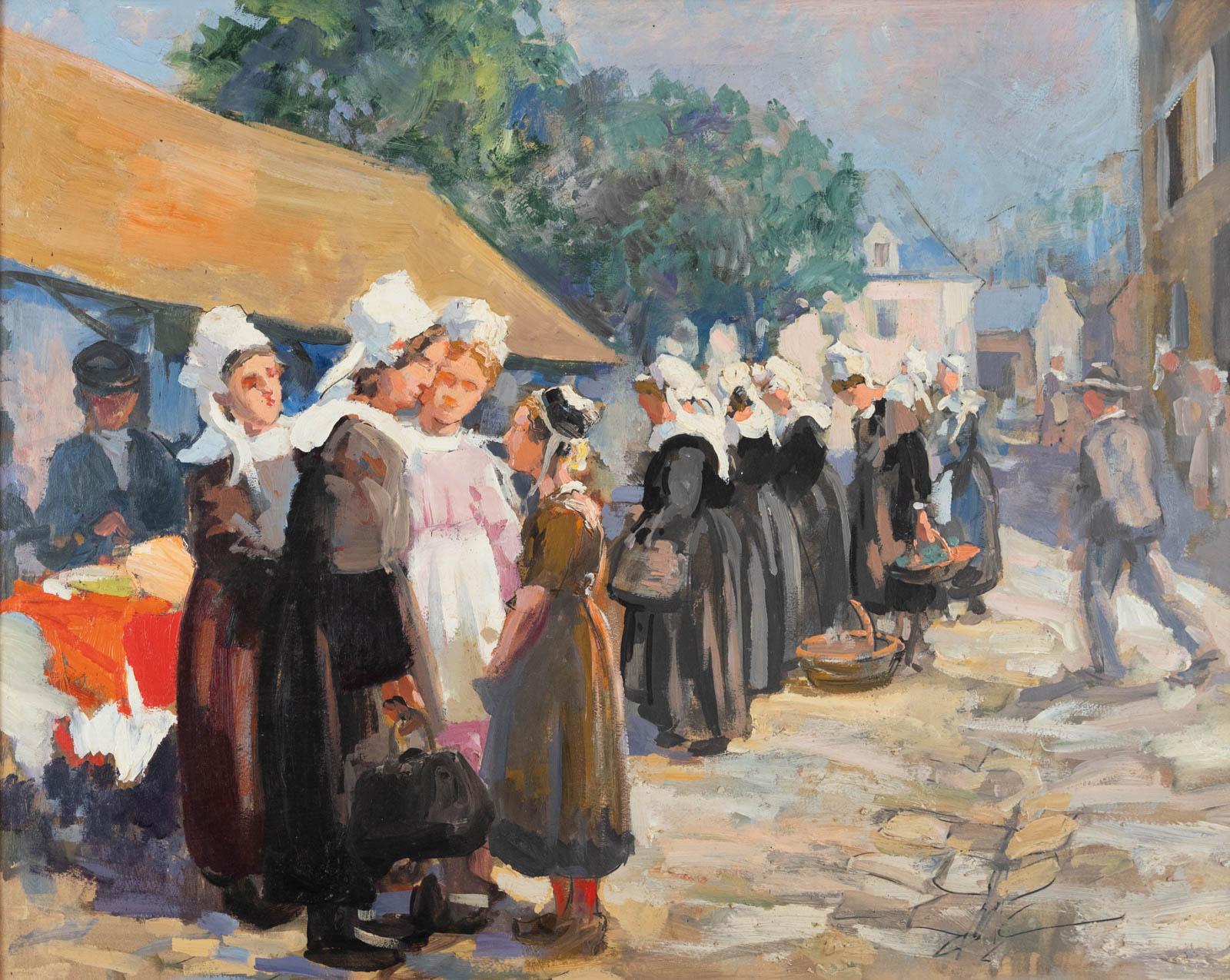 Scena di mercato in Bretagna - Painting di Henri Alphonse Barnoin