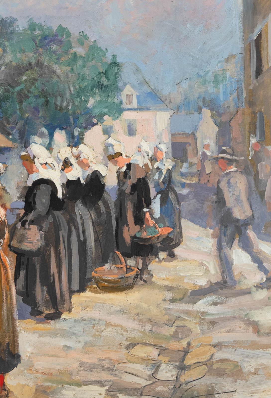 Scena di mercato in Bretagna - Landscape Painting Marrone di Henri Alphonse Barnoin
