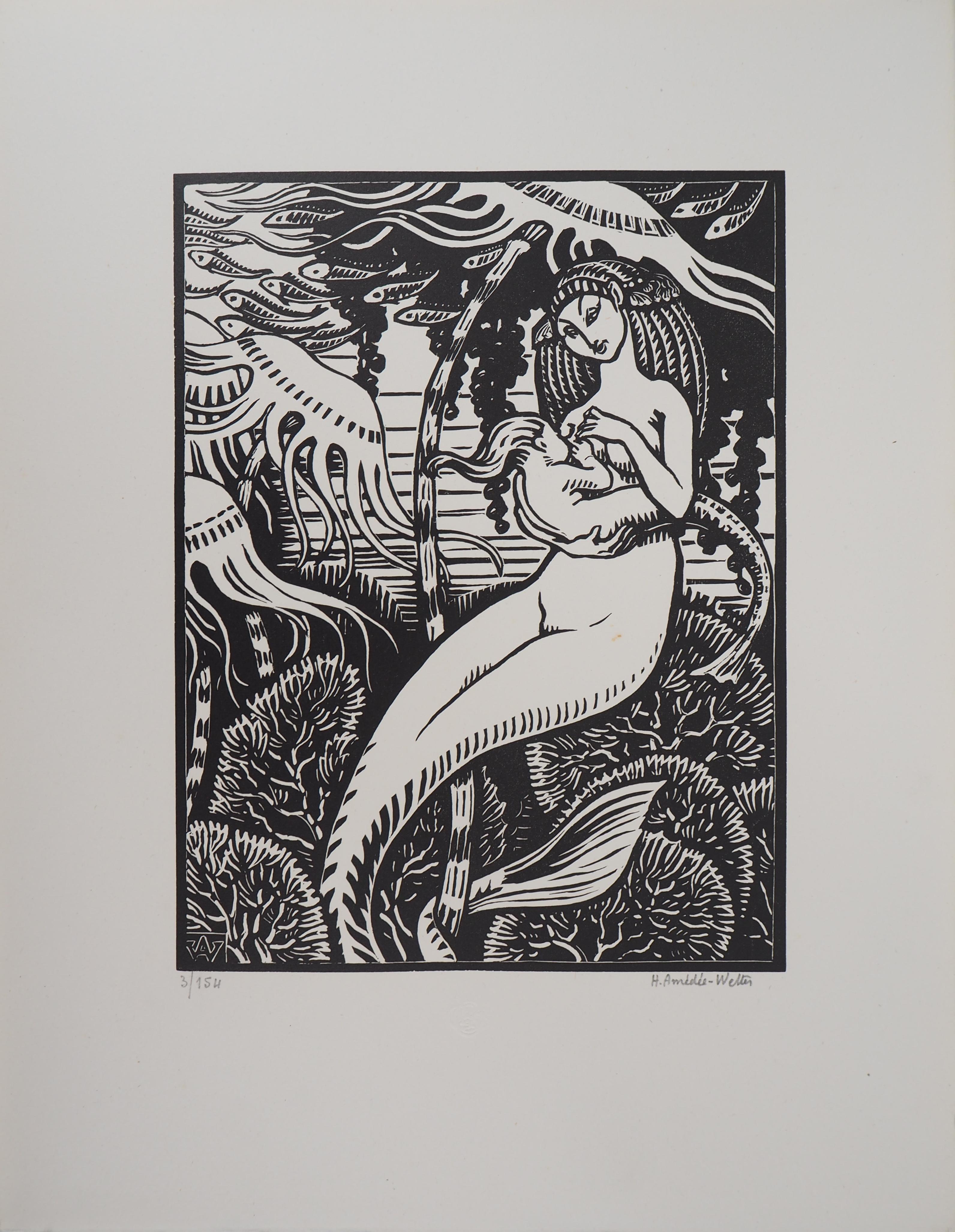 Das Leben im Meer: Mermaid Maternity - Original Holzschnitt, handsigniert & nummeriert – Print von Henri AMEDEE-WETTER