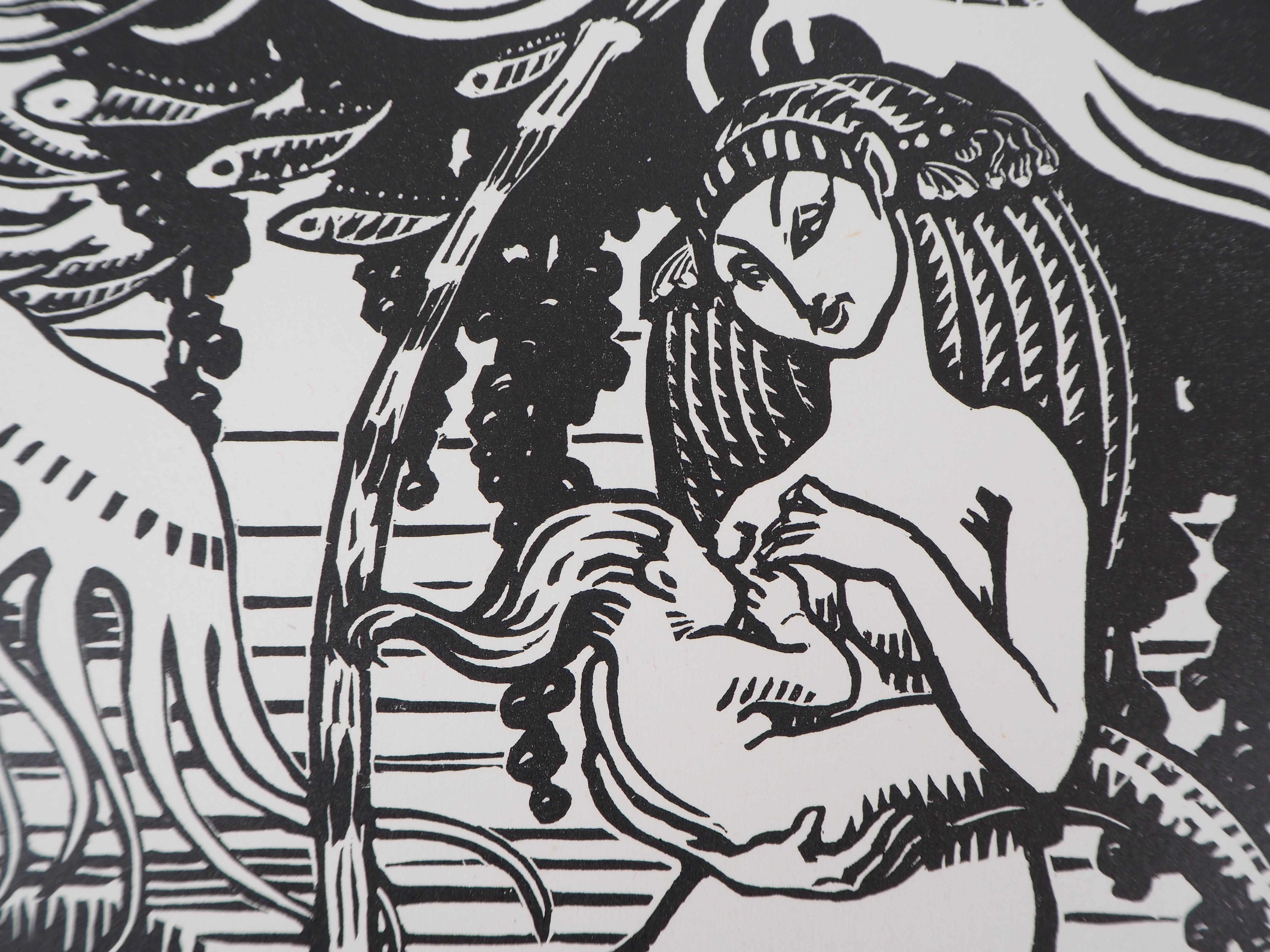 Das Leben im Meer: Mermaid Maternity - Original Holzschnitt, handsigniert & nummeriert (Grau), Figurative Print, von Henri AMEDEE-WETTER
