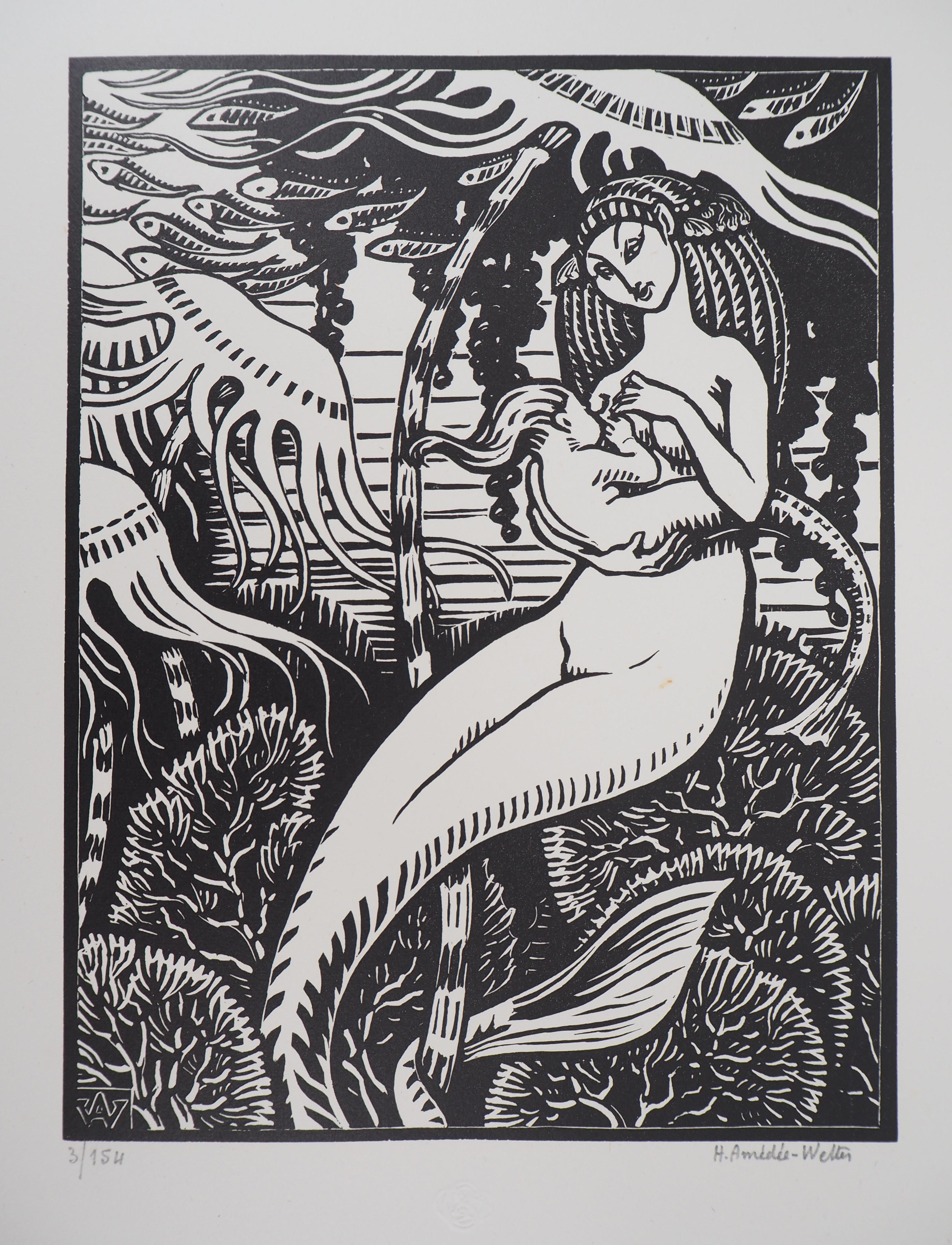Henri AMEDEE-WETTER Figurative Print – Das Leben im Meer: Mermaid Maternity - Original Holzschnitt, handsigniert & nummeriert