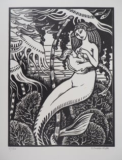 Antique Life in the Sea : Mermaid Maternity - Original wooodcut, Handsigned & Numbered