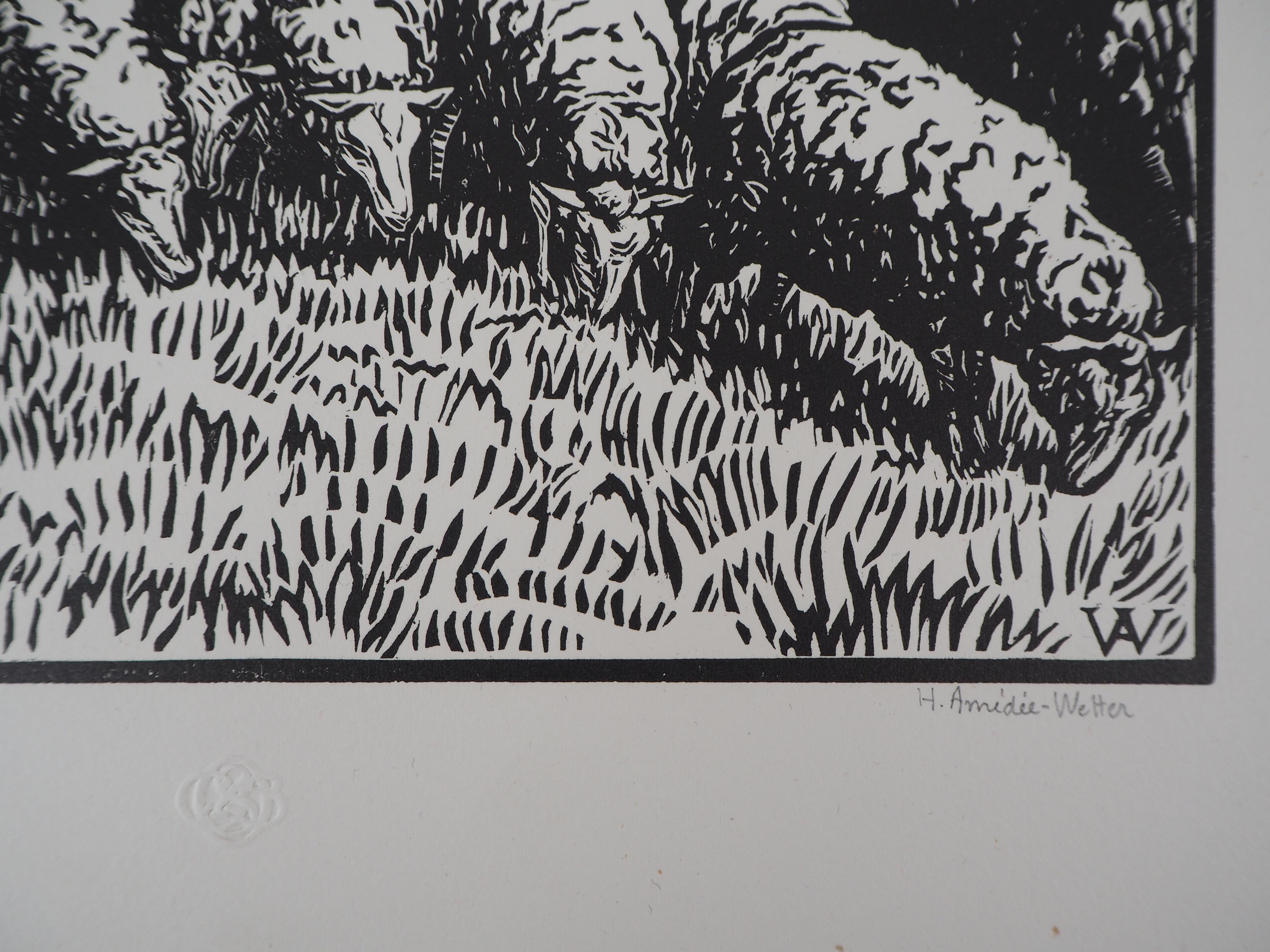 La pastorella e le sue pecore - Incisione originale su legno, firmata e numerata a mano - Print di Henri AMEDEE-WETTER