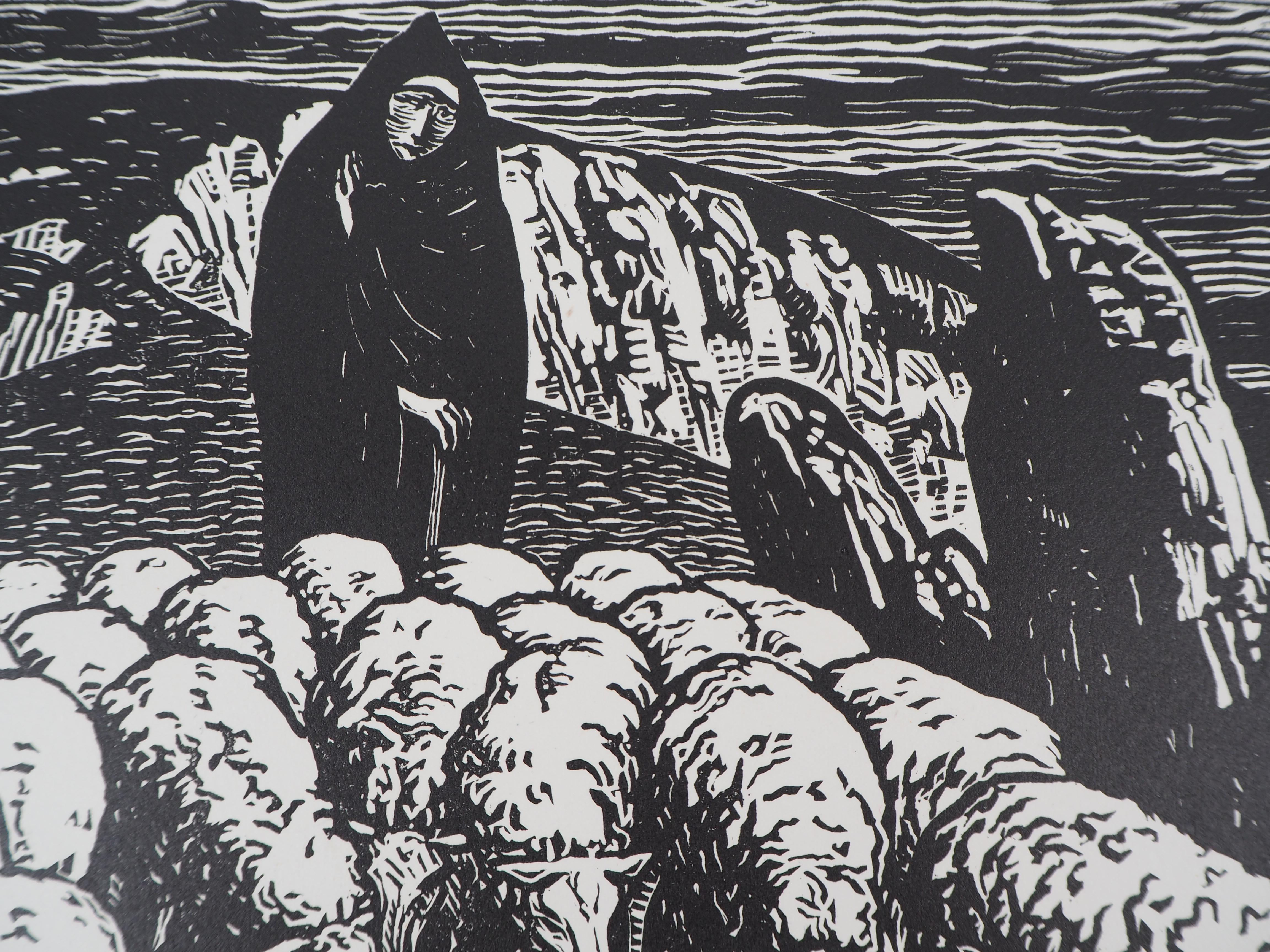 La pastorella e le sue pecore - Incisione originale su legno, firmata e numerata a mano - Print Moderno di Henri AMEDEE-WETTER