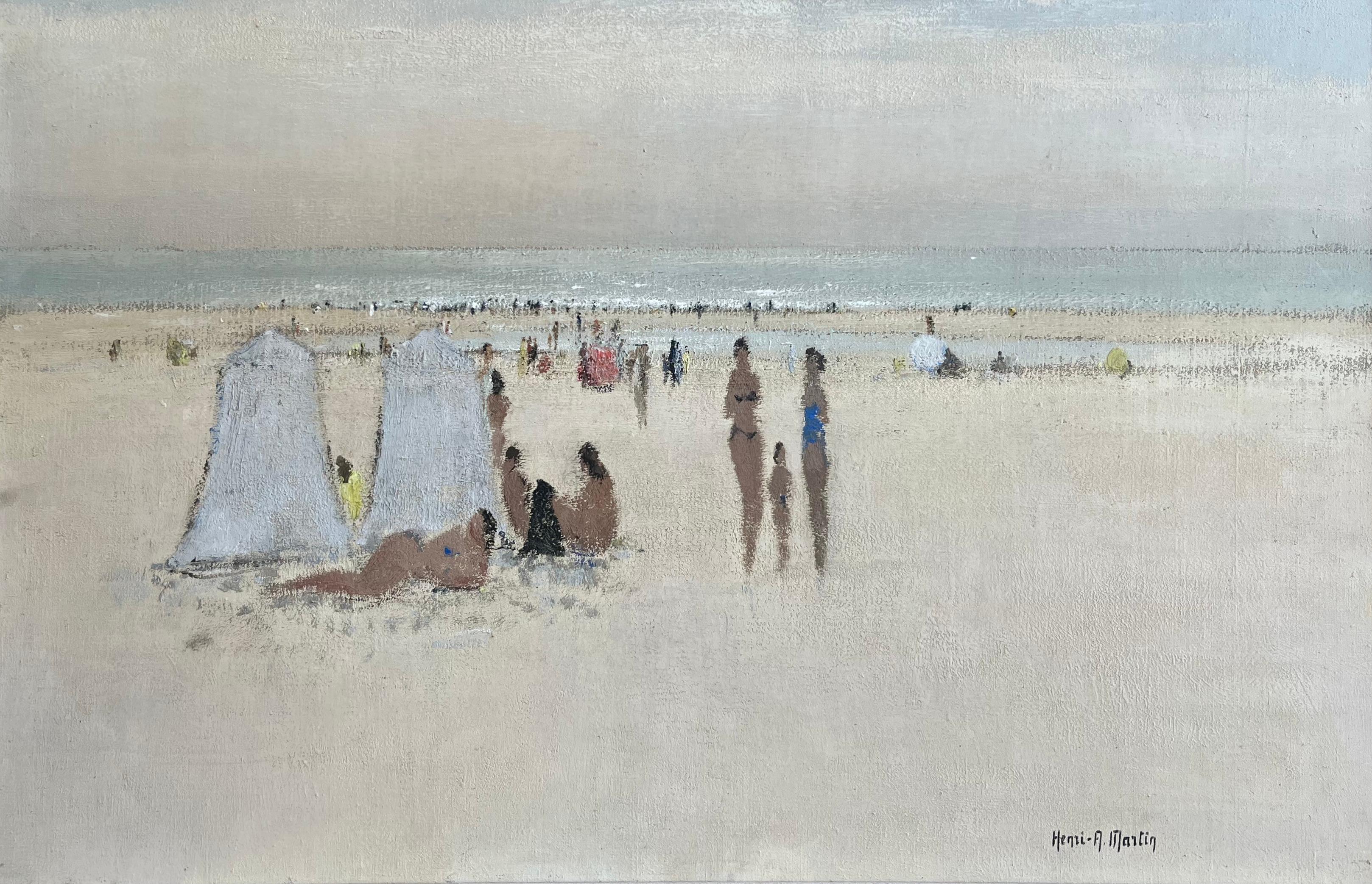 Französischer Impressionist, Großes Ölgemälde, Figuren am Strand, Südfrankreich (Grau), Figurative Painting, von Henri-André Martin